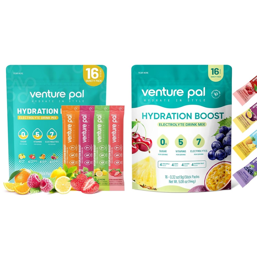 Venture Pal Sugar Free Electrolyte Powder Packets - Liquid Daily IV Drink Mix for Rapid Hydration " Party Recovery TEN 5 Vitaminas " 7 Electrolytes Anterior Keto Friendly ← Non-GMO TEN Certified Vegan TEN 16 Sticks