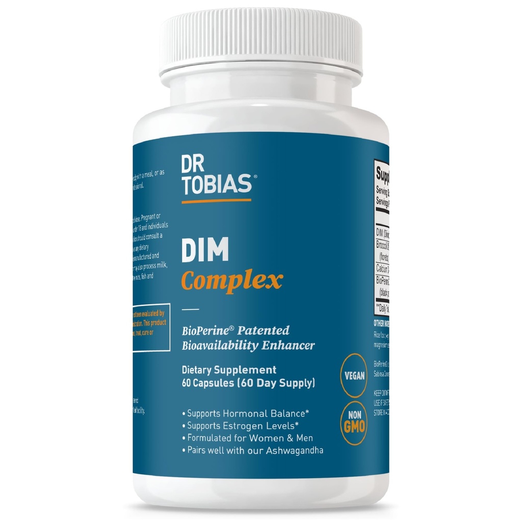 Dr. Tobias DIM Complex, Hormone Balance for Women &amp; Men, DIM Supplement with BioPerine, Broccoli Extract " Calcium D-Glucarate Estrogen Detox Balance Complex, Non-GMO, Vegan, 60 cápsulas