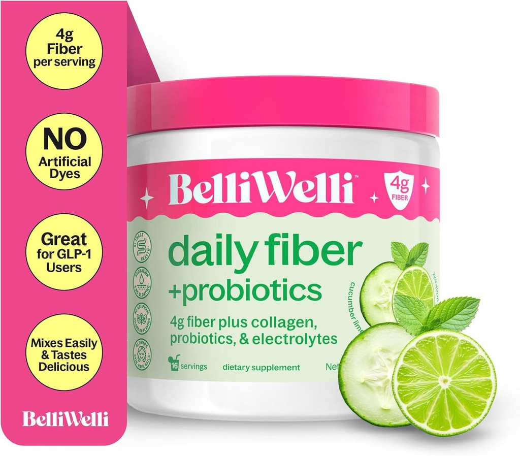 Belli Welli Fiber Supplement for Women & Men – Premium Daily Fiber Powder from Organic Acacia with Added Collagen, Electrolytes & Probiotics – No Bloat, Constipation & Gut Health Support (Cucumber)
