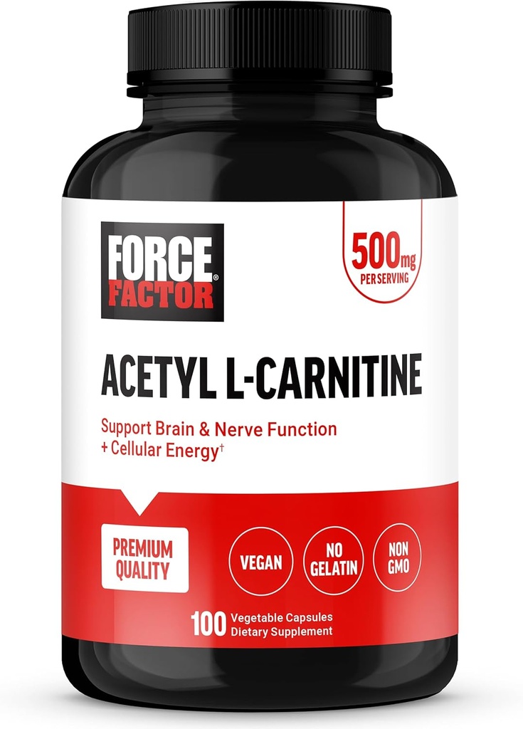Factor de fuerza Acetyl L-Carnitine Brain Supplement, Nerve Support Supplement, and Cellular Energy Booster, Acetyl L-Carnitine 500mg, Premium Quality, Vegan, Non-GMO, 100 Vegetable Capsules