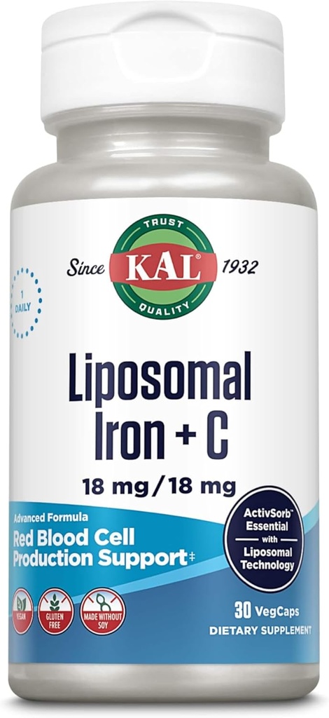 KAL Liposomal Iron Suplemento con Liposomal Vitamina C, Iron Suplemento para Mujeres y Hombres, Alta Absorción, Gentle Iron Pills, Vegan, Gluten Gratis, 30 Servings, 30 VegCaps