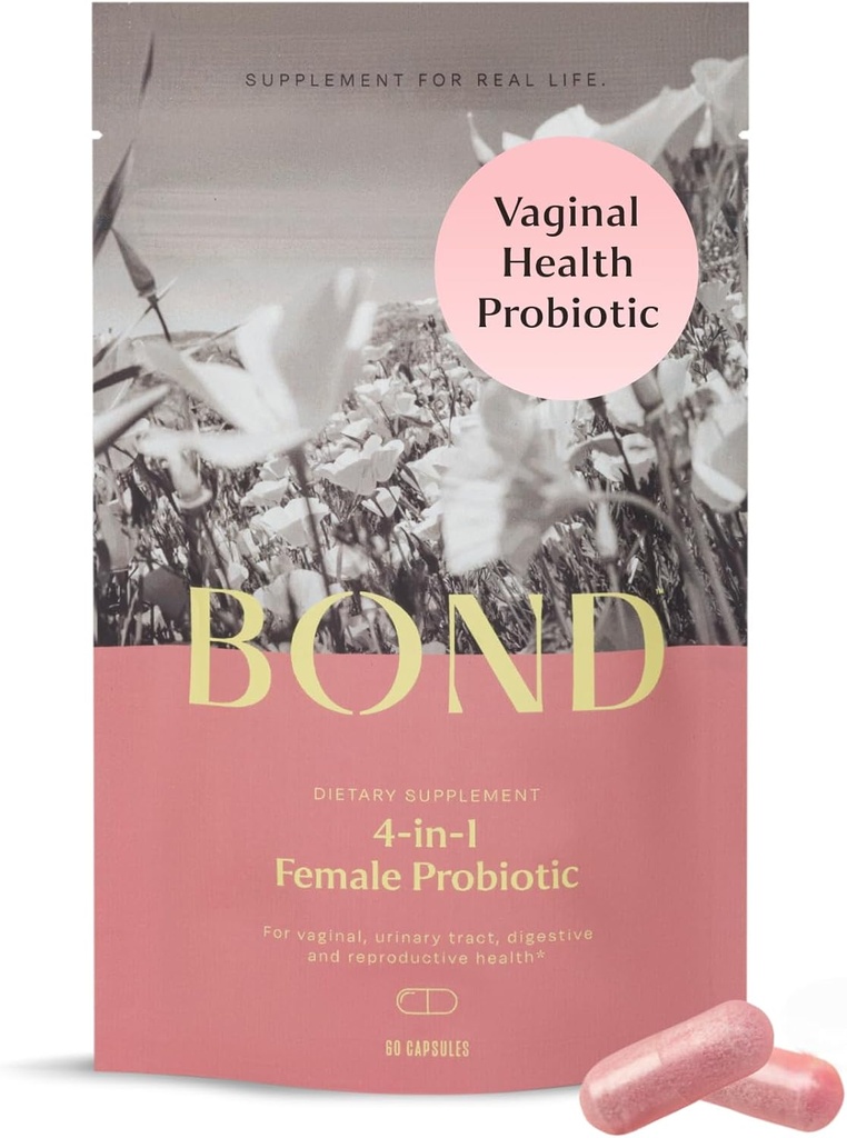 BOND 4-in-1 Vaginal Probiotics for Women for Vaginal Flora, Odor Control, Yeast & pH Balance for Women - Daily Lactobacillus Formula (5 Billion CFU), with Prebiotics & Cranberry, 60 Capsules (2/Day)