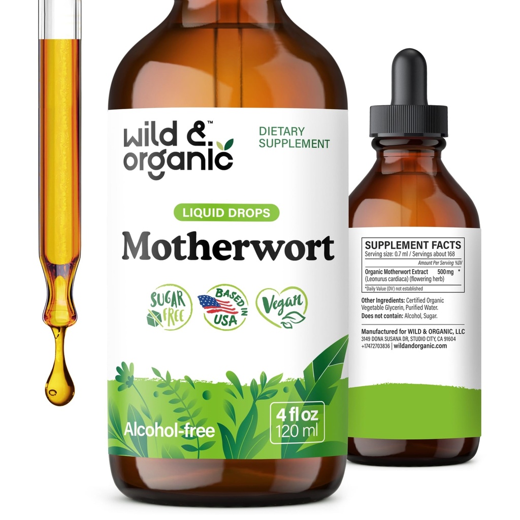 Wild & Organic Motherwort Tincture - Good Mood, Calmness, Overall Support - Supplements for Women with Motherwort Herb - Vegan, Sugar & Alcohol-Free Extract Drops - 4 fl oz