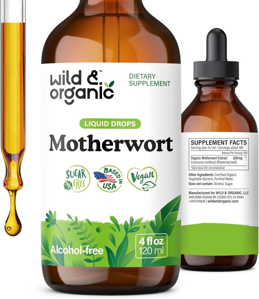 Wild &amp; Organic Motherwort Tincture - Good Mood, Calmness, Total Support - Suplementos para Mujeres con Motherwort Herb - Vegan, Azúcar &amp; Alcohol-Free Extract Drops - 4 fl oz