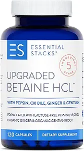 Estaciones esenciales Betaine HCL con Pepsin, Ox Bile, Gentian Orgánico &amp; Ginger - Betaine Hydrochloride Suplemento w Enzymes Digestive, Bile & Bitters - Gluten, Dairy & Soy Free (120 cápsulas)