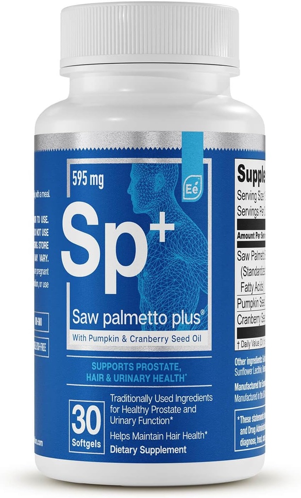 Saw Palmetto Plus - Suplemento de salud de próstata para hombres con calabaza y aceite de semilla de arándano tóxico apoya la vejiga y la salud urinaria por elementos esenciales - 60 Softgels