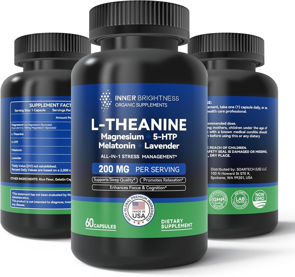 L Theanine 200mg, Magnesium, 5-HTP &amp; Melatonin – Suplemento L-Theanina para el alivio de estrés, el foco " Cognition, el sueño - 60 cápsulas