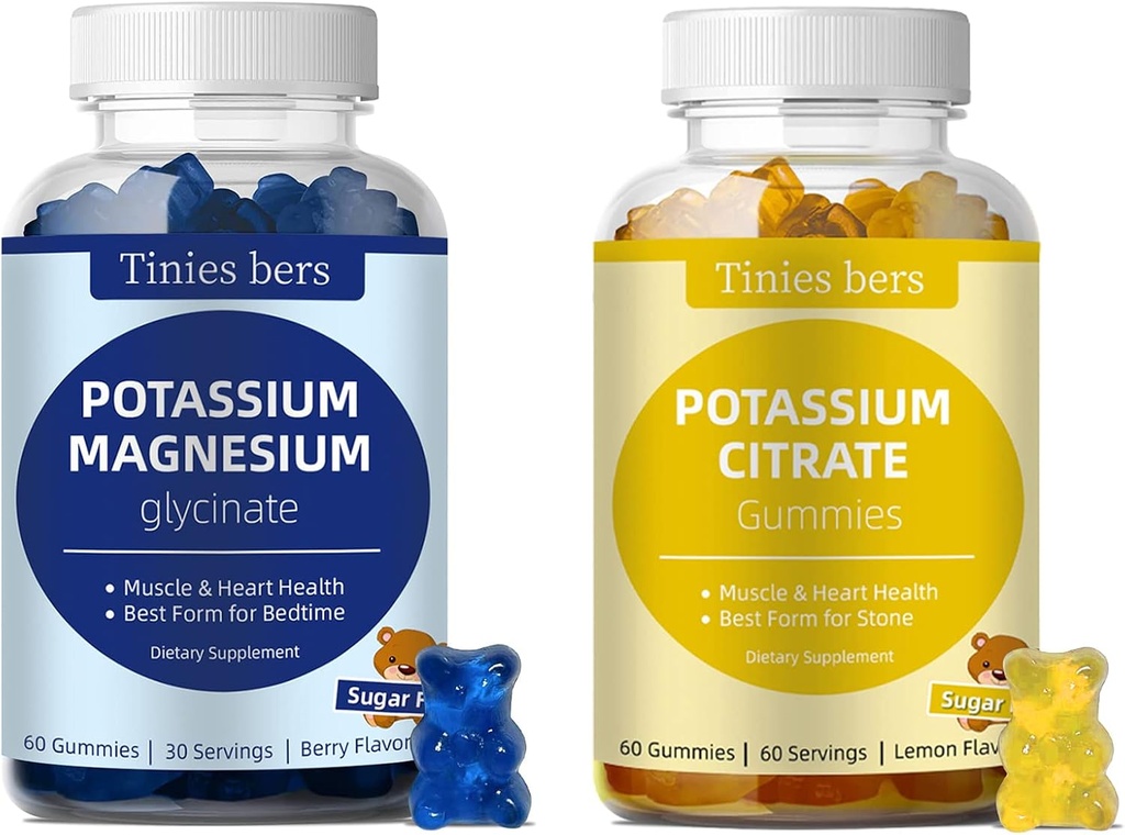 Potasio Citrate Gummies y Potasio Magnesio Glycinate Gummies para Adultos y Niños, Gummies Libres de Azúcar
