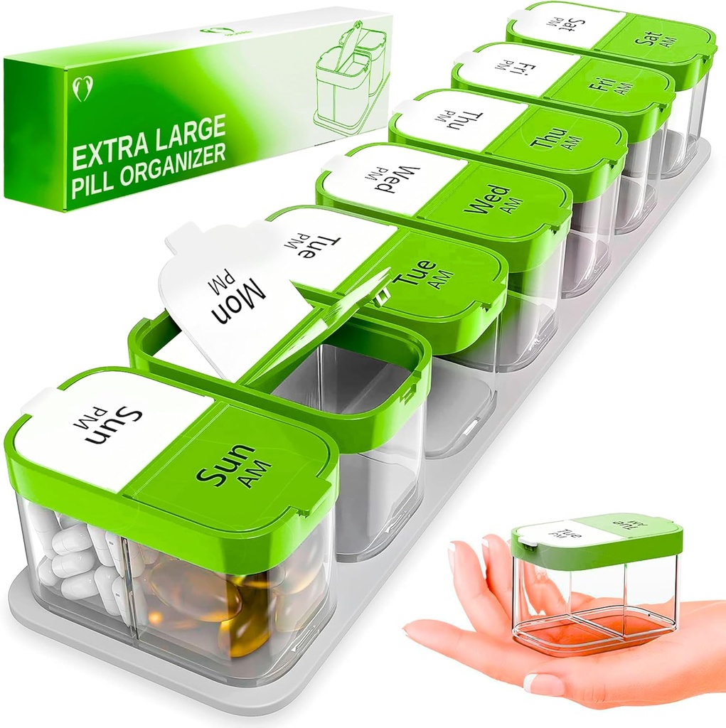 Extra Large Weekly Pill Organizer - XL Vitamin Holder with 7 Detachable AM PM Compartments - dispensador de medicina portátil para el hogar y el viaje, gran contenedor de suplemento para uso semanal o diario, verde