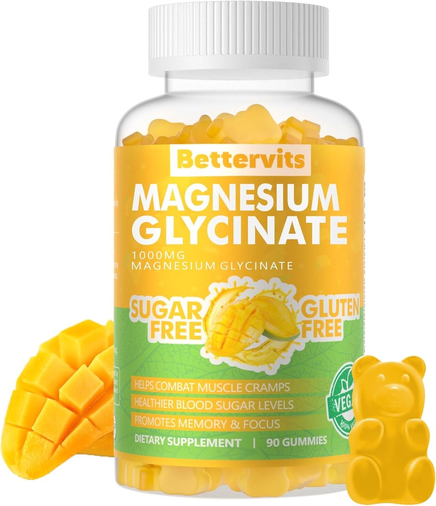 90 CT Magnesio Glycinate Gummies 1000mg - Suplemento de Potasio de Magnesio Libre de Azúcar con vitamina D, B6, CoQ10 para calma Mood &amp; Sleep Support - 90 Mango Pineapple Gummies
