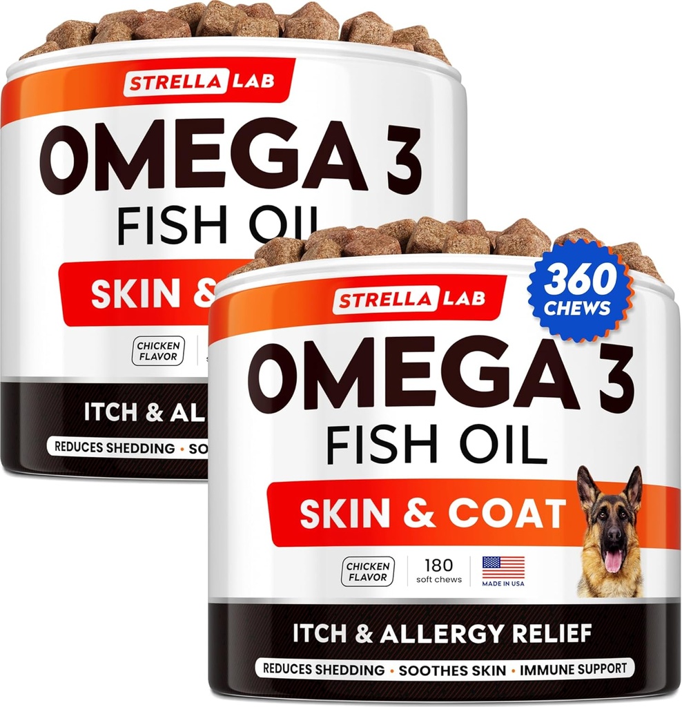 STRELLALAB Omega 3 para perros - (360Ct) Fish Oil Treats - Alergía &amp; Itch Relief Skin &amp; Coat Suplemento - Dry Itchy Skin, Anti Shedding & Hot Spots Tratamiento - Pet Salmon Oil Chews - Chicken Flavor