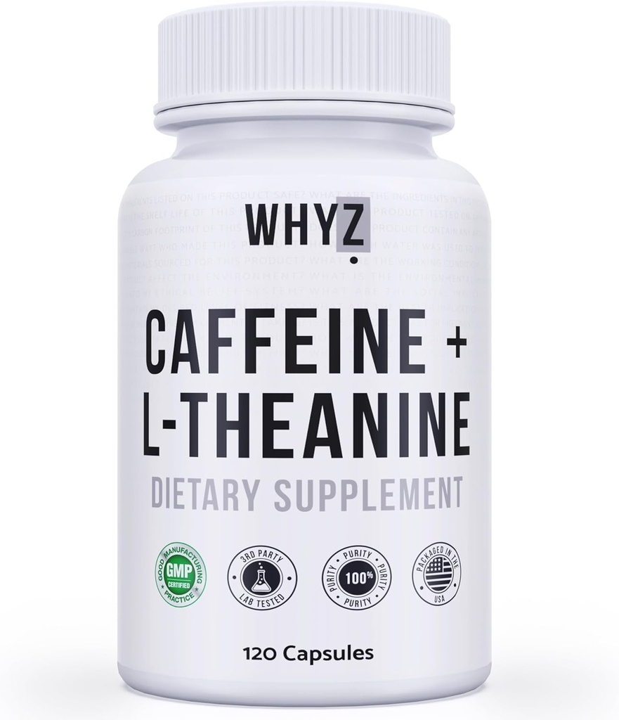 WHYZ Caffeine Pills with L-Theanine, 120 Capsules, Nootropic Stack Energy Pills, Energy Vitamins for Sustained Energy Focus " Cognitive Function, L Theanine Caffeine Energy Supplements for Women &amp; Men