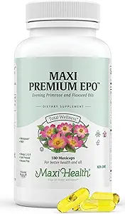 Maxi-Health Evening Primrose and Flax Seeds Oil Softgels - Vegan Omega 3 6 9 Suplementos para la piel sana, el pelo y las articulaciones - Kosher Certified, Organic Evening Primrose Oil Softgels, 180 Conde