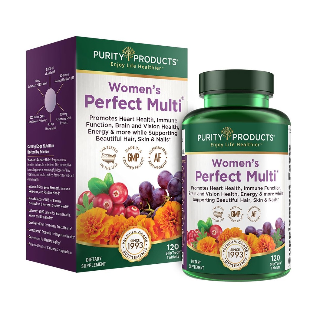 Purity Products Women’s Perfect Multi Balanced Multivitamin - Supports Urinary Tract Health, Immune, Bone + Muscle, Hair, Skin, Nails, an Elite Probiotic for Digestive Health + Más - 120 Tablets