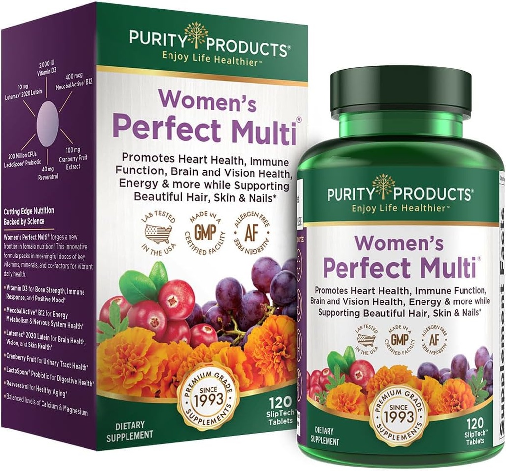 Purity Products Women’s Perfect Multi Balanced Multivitamin - Supports Urinary Tract Health, Immune, Bone + Muscle, Hair, Skin, Nails, an Elite Probiotic for Digestive Health + Más - 120 Tablets