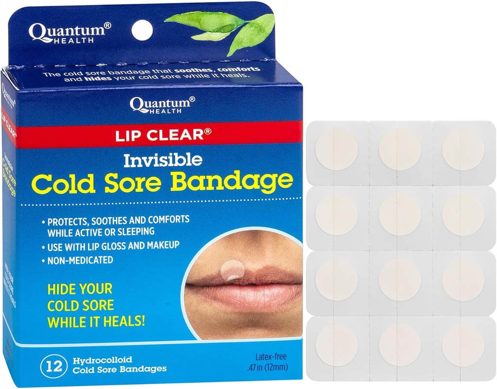Quantum Health Lip Clear Invisible Cold Sore Patches for Lips Help Soothe Shield " Hide Cold Sores - Helps Prevent Contamination - Fever Blister Bandages for Women &amp; Men - 12 Count