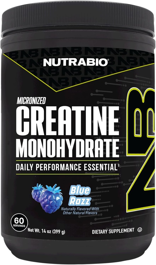 NutraBio Pure Micronized Creatine Monohydrate Powder Suplemento, Blue Razz (300 g) - Apoya Bulk Muscle Energy, Recovery y Strength - HPLC Tested Creatine Powder Suplemento para Hombres y Mujeres