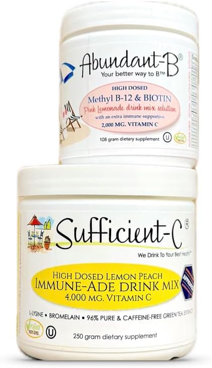 Sufficient-C 250 gram Vitamin C Immune-ade Drink Mix and Abundant-B high dose B-12 and Biotin Pink Lemonade Drink Mix Solution