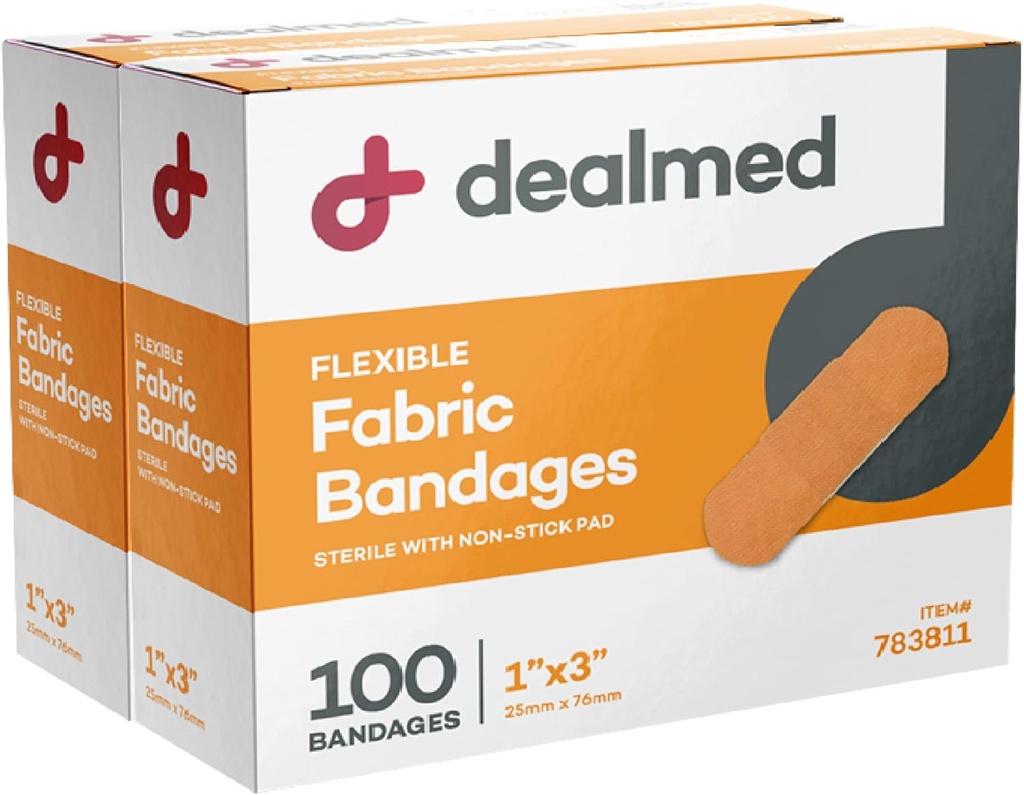 Bandas adhesivas de tejido flexible con estribillo concesionado – 1x3 Inch – 100/Box - 2 Cajas - Breathable First Aid Strip Pack - Soft Stretch Wound Patch for Medical, Emergency Kits & Clinic
