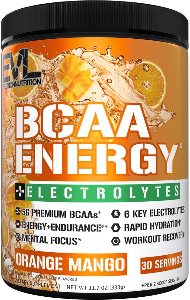 EVL BCAAs Amino Acids Powder - BCAA Energy Pre Workout Powder para la recuperación muscular crecimiento y resistencia - Rehidratación de la bebida de recuperación de postes con 6 electrolitos clave - Mango naranja