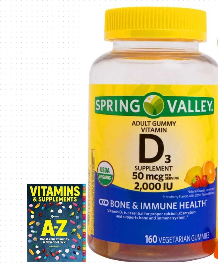 Spring Valley Vegetarian Vitamina D3 Gummies, 2000 UI, 50 mcg, 160 Ct+Mejor Guía Vitaminas Suplementos Book Free Include (No se vende por separado)