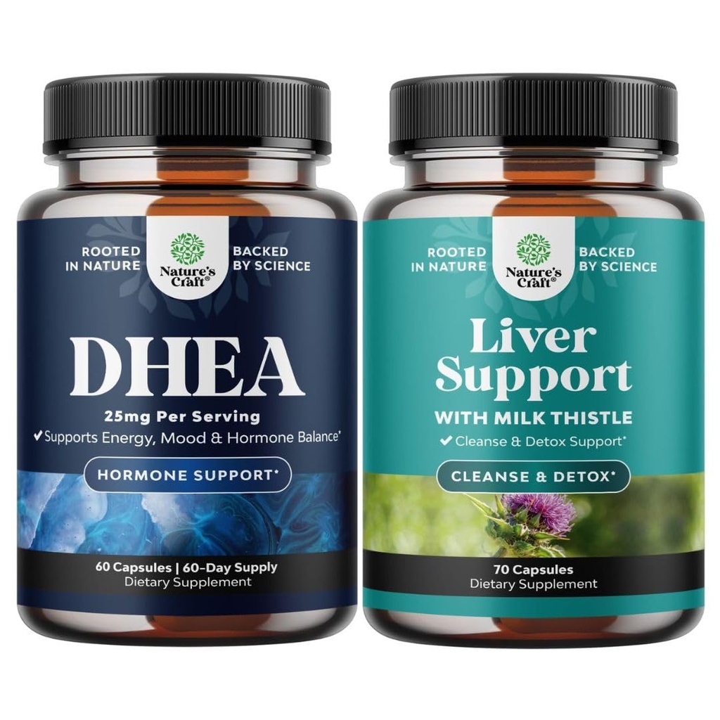 Bundle of Pure DHEA 25mg for Women and Men for Mood Energy and Immune Support and Liver Cleanse and Detox " Repair Formula - Herbal Liver Support Supplement