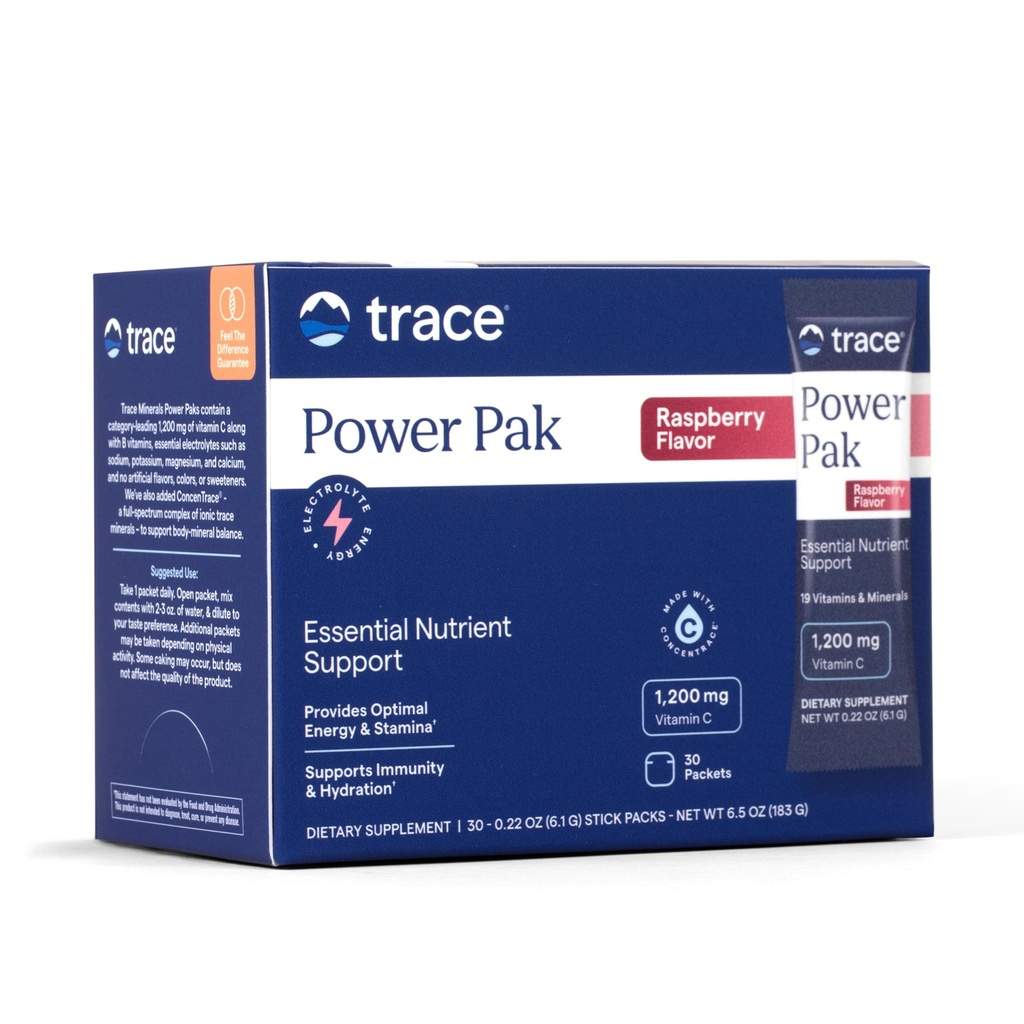Trace Minerals Power Pak Multivitamin y Packets Multimineral - Electrolyte Support - 1200 mg Vitamin C Plus 70 Raspberry Flavor - 30 Packets