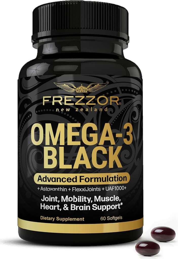 FREZZOR Omega 3 Negro para el cuidado conjunto & Comfort - Nueva Zelanda Green Lipped Mussel Oil Capsules; 53x Potency Superior con UAF1000+ Super Antioxidante, No Fishy Aftertaste, 1-Pack, 60 Softgels