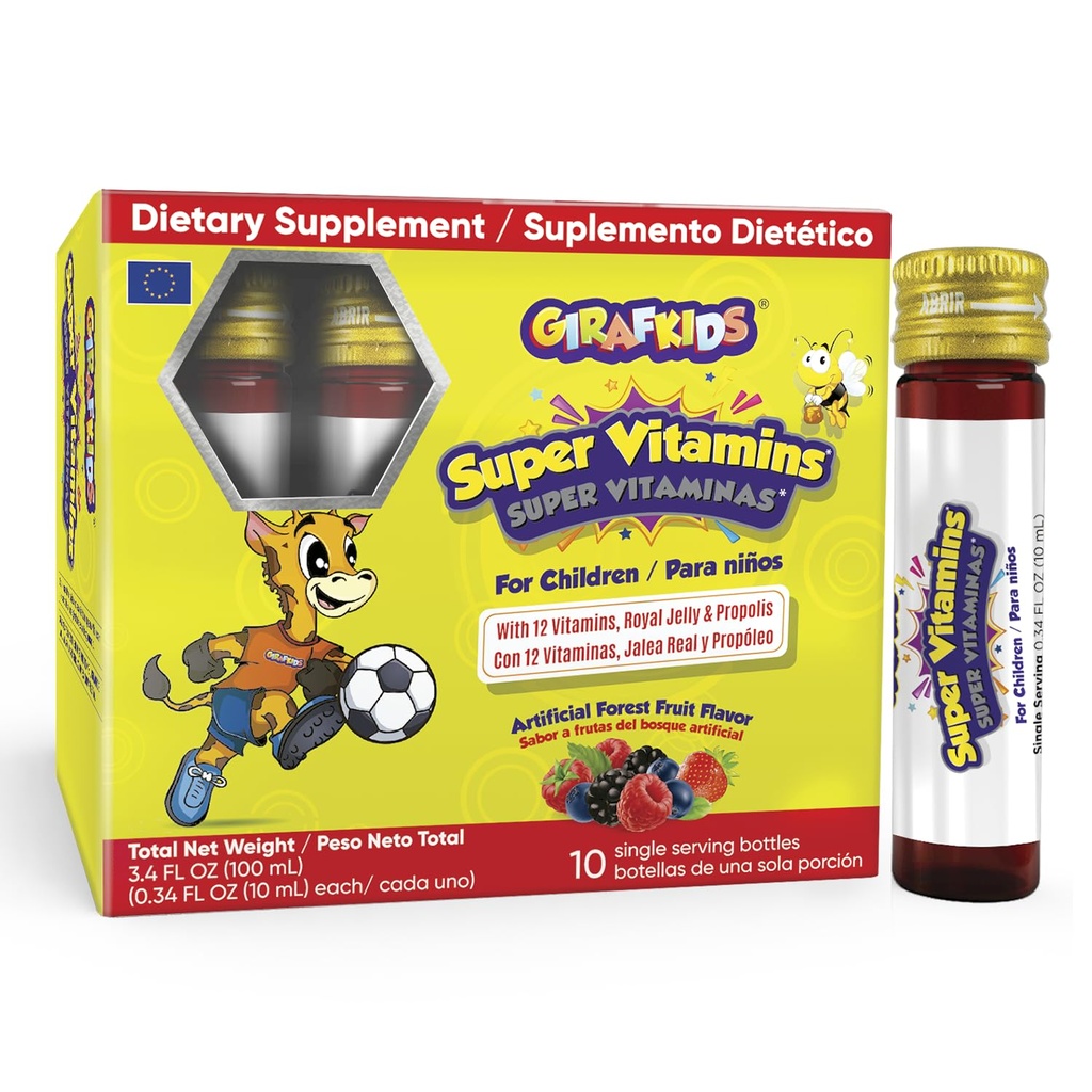 GirafKids Super Vitaminas para Niños Edades 4+ Silencio 10 Serving Bottles Liquid Multivitamins for Immune Support & Energy TEN 12 Vitaminas ANTE Tasty Forest Fruit Flavor ← Enriquecido con Royal Jelly &amp; Propolis