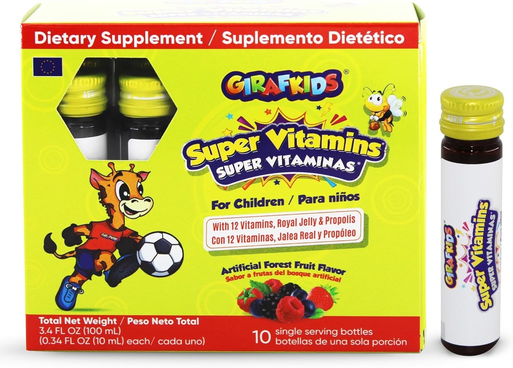 GirafKids Super Vitaminas para Niños Edades 4+ Silencio 10 Serving Bottles Liquid Multivitamins for Immune Support & Energy TEN 12 Vitaminas ANTE Tasty Forest Fruit Flavor ← Enriquecido con Royal Jelly &amp; Propolis