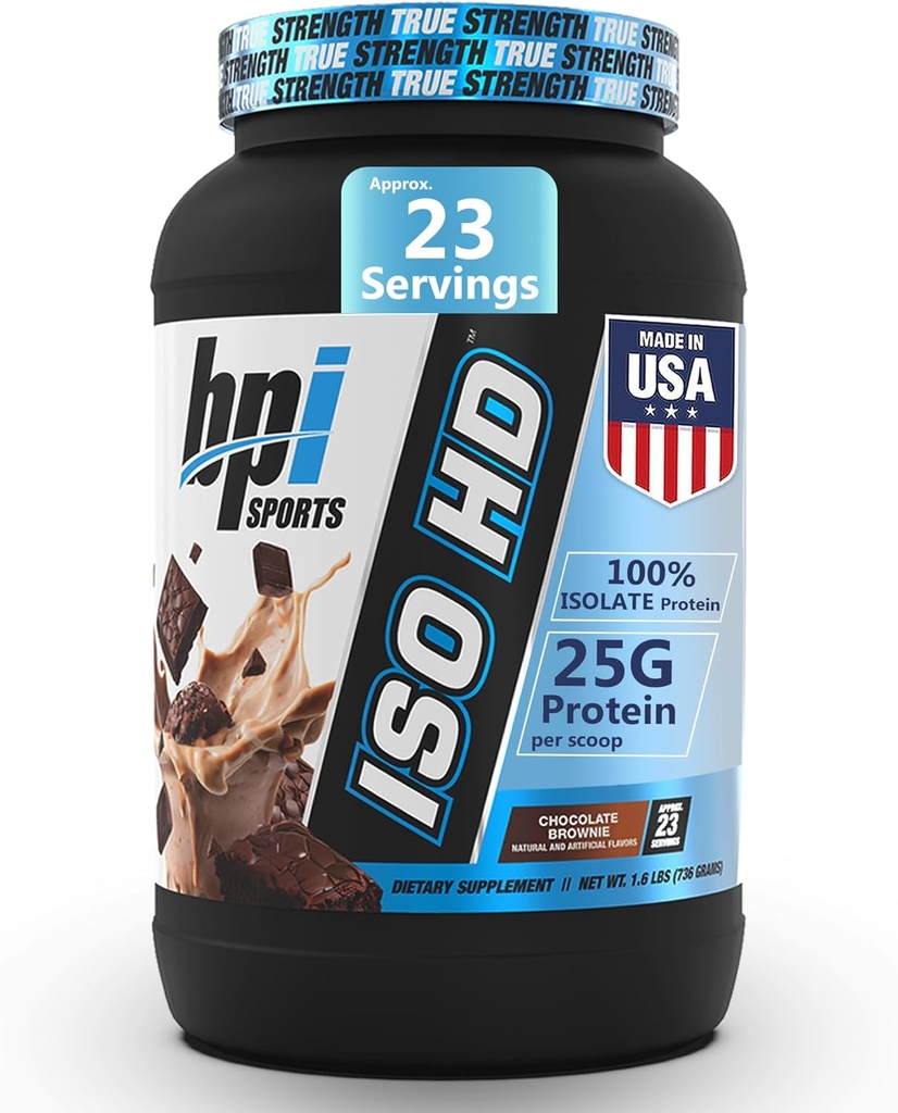 BPI Sports ISO HD Isolate Protein Powder – 100% Whey Isolate, Protein Powder for Muscle Gain - Chocolate Brownie - 1.6 Lb - 23 Servimientos