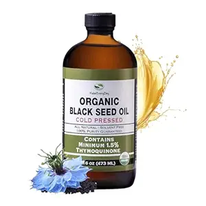 HalalCada día Orgánica de semillas negras - USDA Certified, Cold Pressed Glass Bottle 16oz - Más del 1,5% Thymoquinone Turco Negro Cumin Nigella Sativa No GMO 100% Puro Blackseed Oil