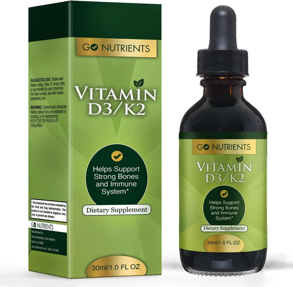 Go Nutrients Vitamina D3 K2 Drops – Líquido VIT D Suplemento con MK7 para Adultos &amp; Niños – Alta Absorción Soporte sublingual para Bone, Cardiovascular, Heart & Immune Health – 1 oz, 90 Servings