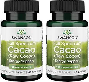 Swanson Full Spectrum Cacao (Raw Cocoa) - Herbal Supplement Promoting Mild Energy Support - Traditional Whole Fruit Formula - (60 Capsules, 400 mg cada uno) (2 Pack)