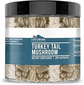 Earthborn Elements Turkey Tail Mushroom 200 Capsules, Pure & Undiluted, No Additives