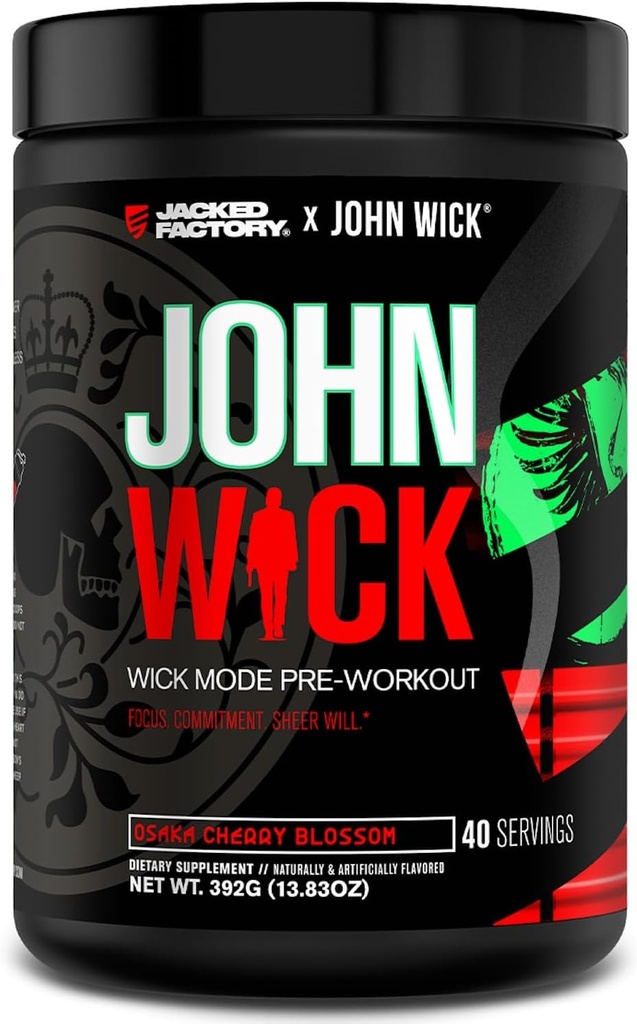 Jacked Factory X John Wick - Wick Mode Pre Workout Powder - Energía intensa, Battle-Ready Focus, Compromiso imparable, y Sheer Will - 40 Servings, Osaka Cherry Blossom