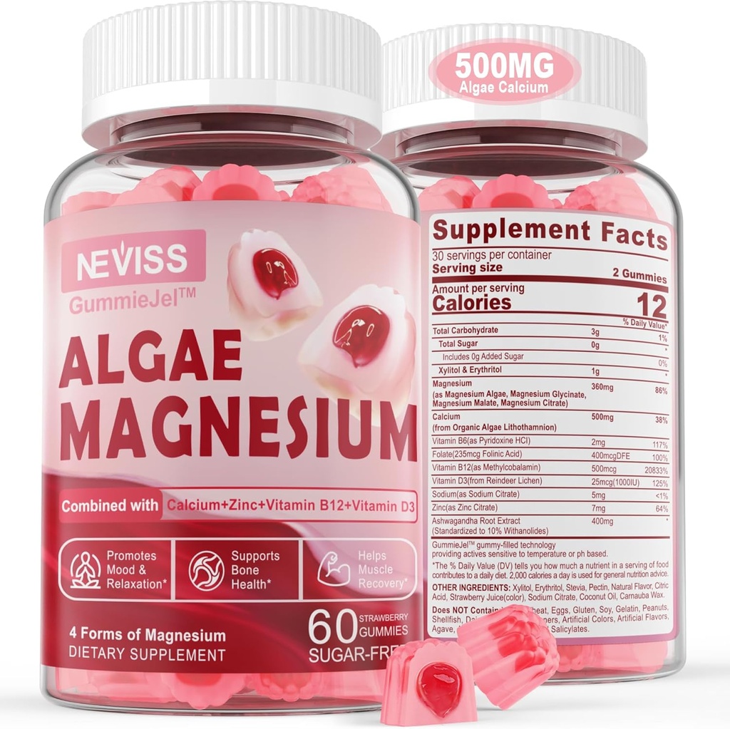 Sugar Free Calcium Magnesium Zinc Gummies, Algae Calcium Magnesium Supplement Plus D3 | 4 Forms of Magnesium - Glycinate, Citrate, Malate, Algae - Support Bone Health, Muscle Function & Nerve, 60 Ct