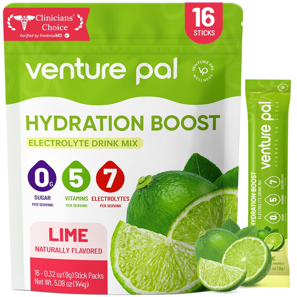 Venture Pal Sugar Free Electrolyte Powder Packets - Liquid Daily IV Hydration Packets ¦ Electrolytes Drink Mix with 5 Vitamins & 7 Electrolytes ← Keto Friendly ← Non-GMO  Certified Vegan ← 16 Sticks