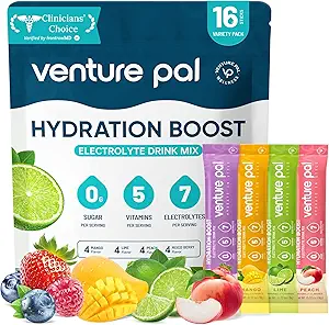 Venture Pal Sugar Free Electrolyte Powder Packets - Liquid Daily IV Hydration Packets ¦ Electrolytes Drink Mix with 5 Vitamins & 7 Electrolytes ← Keto Friendly ← Non-GMO  Certified Vegan ← 16 Sticks