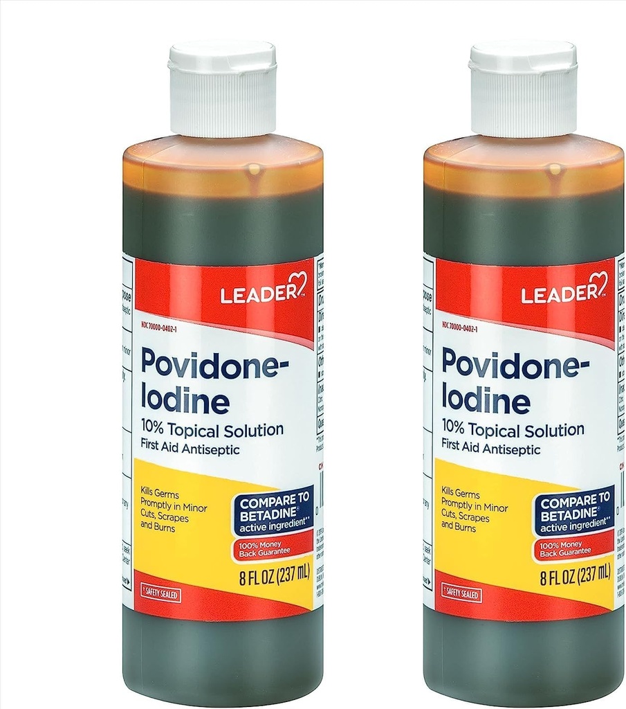 Líder Povidone Iodine 10% Prep Solution USP, First Aid Antiseptic Wound Cleanser, Wound Wash, Antiseptic Soap (8 Fl Oz, Pack de 2)