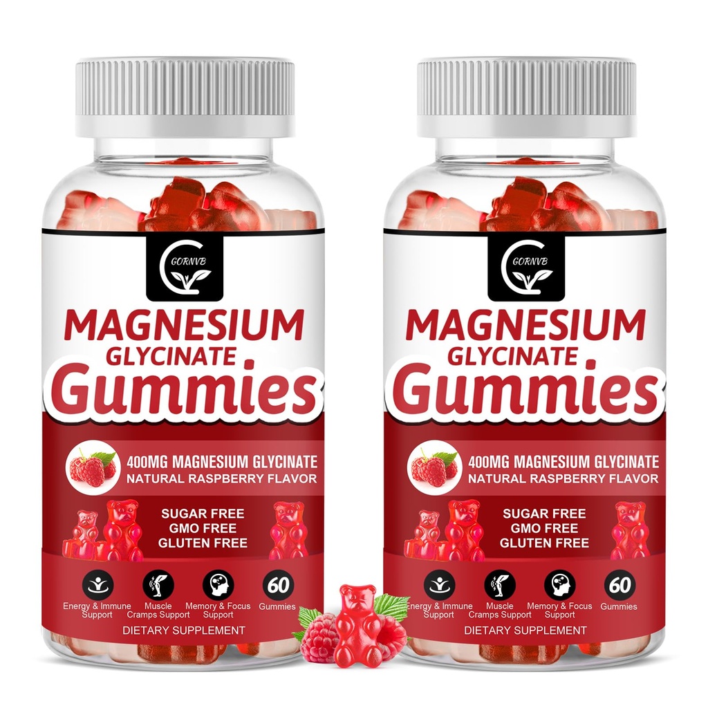 Magnesium Glycinate Gummies 400mg, Mg Potassium Supplement with Chelated Magnesium Malate Complex, Vitamin D, B6, and CoQ10, Supports for Memory, Calm, Mood & Sleep - 60 Count (Pack of 2)