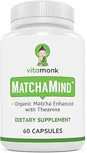 VitaMonk Matcha Capsules con Theanine &amp; Theobromine - Pills Matcha de Japón con 25 mg de Caffeine Natural - para Smooth Energy y Focus Sin Las Jitters - 60 ct