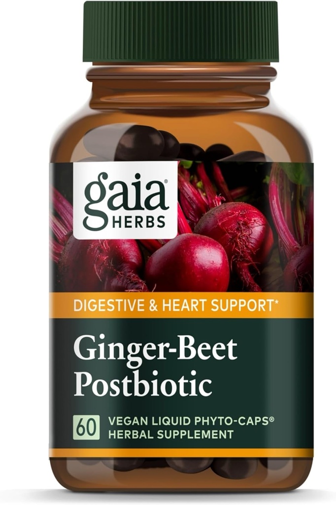 Gaia Herbs Ginger-Beet Postbiotic - Supplement for Gut & Heart Health Support - Made with Organic Fermented Beets & Ginger - Free from Dairy, Soy & Gluten - 60 Vegan Capsules (30 Servings)