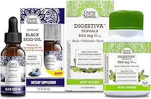 GuruNanda Black Seed Oil, Cold-Presed Nigella Sativa - Rich in Vitamin D3 5000 Units & Digestiva Triphala (240 Tablets), soporta la digestión, ayuda con el rubor