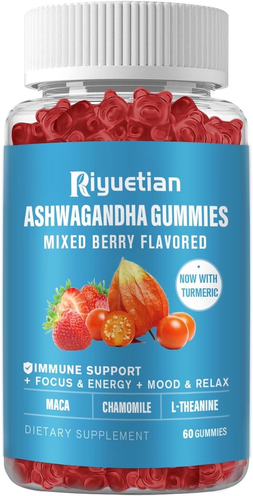 Ashwagandha Gummies for Women ' Men - Stress Relief, Immune Support & Aumento de la energía - Azúcar Gratis, Vegan - Organic Ashwagandha Root Suplementos Gummy- Natural Strawberry Flavor (60 Cuenta)