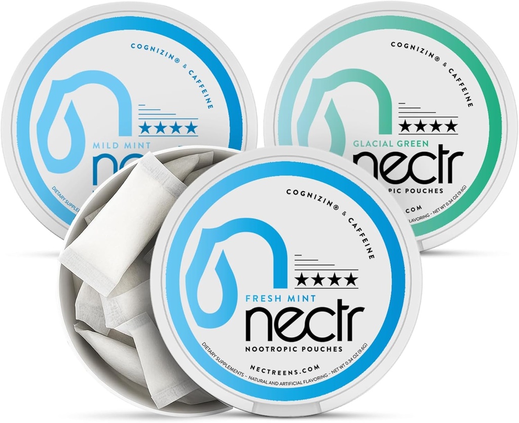 Nectr Energy Nootropic Pouches Mint Mix - Caffeine Pouches with Cognizin Citicoline. 3 Sabores: Menta Mild y Fresca, y Verde Glacial. Suplemento de energía sin azúcar, Nicotina
