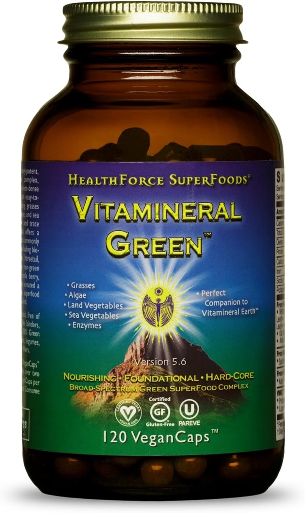 SUPERFOODES DE HEALTHFORCE Vitamineral Green - Suplemento Mineral para el soporte de tiroides inmune - Suplemento de polvo verde con ingredientes de la tierra - libre de gluten &amp; Vegan - 120 cápsulas