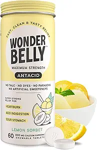 Wonderbelly Antacid, Effective Heartburn and Instant Acid Indigestion Relief, Extra Strength Chewable Tablets, 1000 mg Calcium Carbonate, No Talc or Dye, Lemon Sorbet, 60 Cuenta