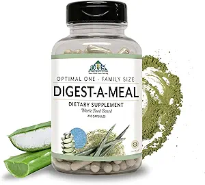 Sistemas de salud óptimos Digest-A-Meal ← Gut Health Enzyme " Probiotic TEN Bloating, Acid Reflux, " Indigestion Relief + Aloe Vera Leaf ← Digestión Suplemento Ø 270 cápsulas Tamaño familiar