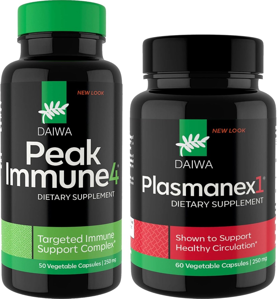 Daiwa Peak Immune 4 - Natural Immune System Booster + Daiwa Plasmanex 1 – Suplemento de Circulación de Sangre